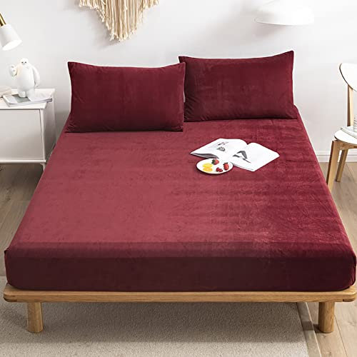 Michorinee Warme Fleece Spannbettlaken 200x200cm Cashmere Touch Kuschelig Flauschig Plüsch Flanell Bettlaken Spannbetttuch für Boxspringbett Topper Matratze bis 30 cm Hohe Weinrot