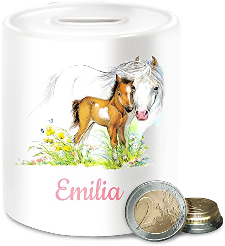 Spardose - Pferd und Fohlen mit Name personalisiert I Geschenk Pferde Mädchen I Pferdeliebhaber - Unisize - Weiß - sparbüchse Geschenke für reiterinnen pferden pferdemotiv spardosen