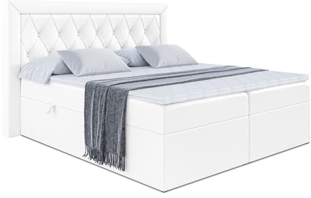 ALTDECOR Boxspringbett mit H3Matratze (20 cm hoch) mit Bonellfederung + PUR, Kunstlederbett, Topper (4 cm hoch), Polsterbett mit Kopfteil und Bettkasten - Noel - 180x200 Weiß Kunstleder