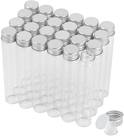 30ml Glas Klarglas Teströhrchen mit Schraubkappen und Plastikstopfen, Flüssigprobenfläschchen, auslaufsichere Flachprobenröhrchen, 24 Stück
