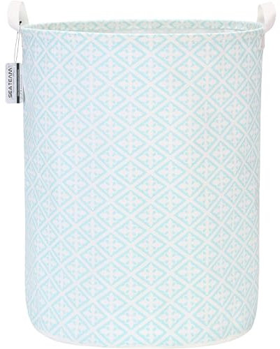 Sea Team 19,7 Zoll großer, wasserdichter, beschichteter Ramie-Baumwollstoff, zusammenklappbarer Wäschekorb, zylindrischer Sackleinen-Aufbewahrungskorb mit stilvollem Diamantblumen-Babyblau-Design