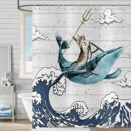 Duschvorhang Lustig Katze 180x180, Hnmdmyi Coole Katze Reitet Wal mit Japan Kanagawa Wellen auf Rustikalen Hölzernen Badewanne Vorhang Niedliche Kinder Bauernhof Wasserdicht Stoff Waschbar Badevorhang