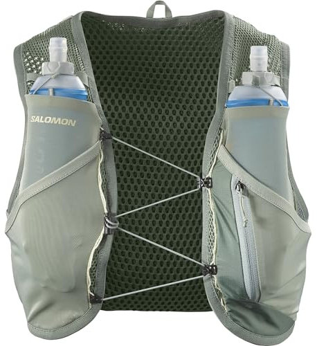Salomon Active Skin 8 Unisex Hydrationsweste Trail running Wandern MTB mit Hydrationsflaschen, Einfache Flüssigkeitszufuhr, Präzise Passform, Optimierte Verstaumöglichkeiten, Grün, XS