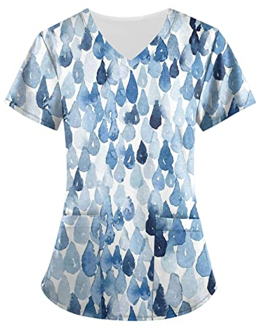Bluse Damen Kurzarm, Blusenshirt Damen Bluse Große Größen Damen Damen Floral Drucken Kurzarm V-Ausschnitt Tops Arbeitsuniform Tasche Bluse T Shirt Damen Simple Schlumpfine T-Shirt Damen(Hellblau,4XL)