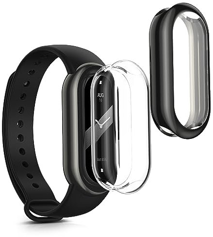 kwmobile Carcasa Compatible con Xiaomi Mi Band 8 Funda - 2X Protector Pantalla Completo - Ultrafino y antigolpes - Transparente/Negro