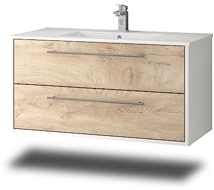 Stil.Zeit Evelia Badmöbel inkl. Waschbecken | Waschtisch mit Unterschrank 100.5 cm | Weiß/Dekor Eiche Natur| Metallgriffe/hängend
