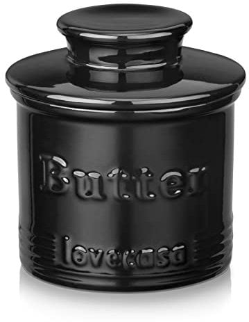 Porzellan Buttertopf für Theke, LOVECASA Butterhalter mit Wasserlinie, französische Butterdose mit Deckel, Keramik-Butterbehälter, keine harte Butter mehr, perfekte verteilbare Konsistenz (schwarz)