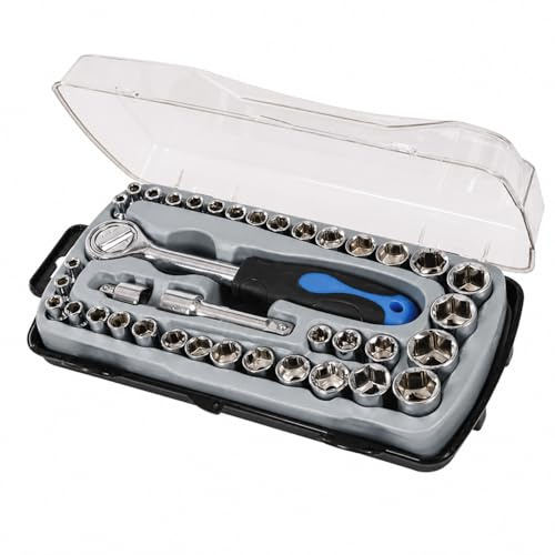 Dunnet Tools 39 Piece Socket Set | Drive, Metric & Imperial, Ratchet, Extension Bar & Case, Professional Chrome Vanadium Steel