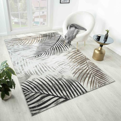 VIMODA Teppich Wohnzimmer Schlafzimmer Kurzflor Palmen Muster modern Glitzer Blumen Lurex, Farbe:Grau, Maße:80x150 cm