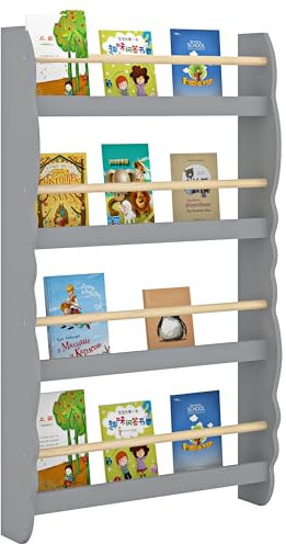 Duffy® Kids Bookcase Wall Shelf, Children's Bookshelf Storage Display Rack, Wooden Book Organizer for Children's Room (Grey-4 Tier, 60x98CM)
