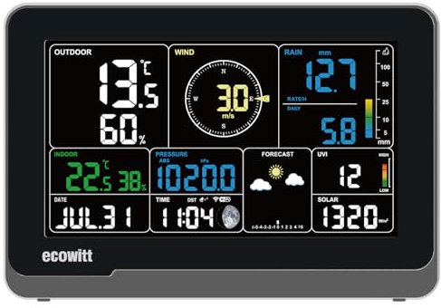 ECOWITT Console WS3900_C per stazione meteo, display LCD a colori Wifi da 7,5 pollici per uso domestico, sensori interni 3 in 1 incorporati, controllo del collegamento intelligente IOT dell'ecosistema