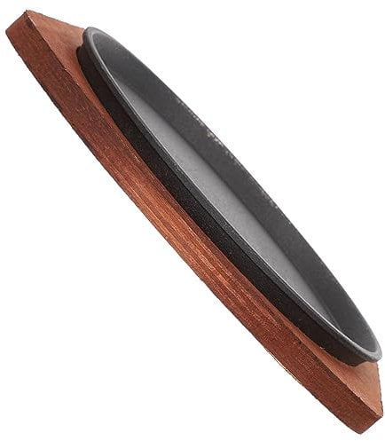 DEARMAMY Piatto frizzante in ghisa per bistecca o fajita con base in legno Piastra calda Gripper Bistecca Pan Grill Bacon Pan Piastra per cucina domestica Accessorio da cucina 19 cm