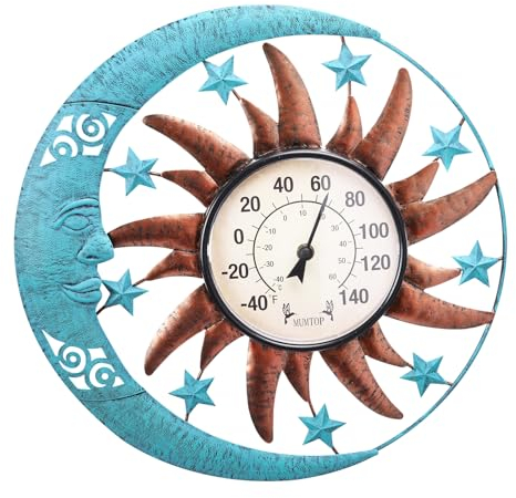 MUMTOP 32,5 cm Sonne Mond Innen Außen Thermometer, Große Zahl Dekoratives Wandthermometer für Terrasse, Hof, Garten
