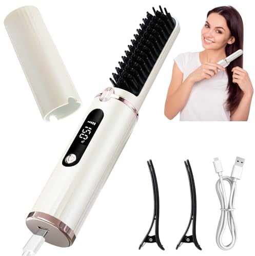 Aceshop Cepillo Alisador pelo Inalámbrico, Mini Cepillo Alisador Portátil, 4 Temperatura Regulable Peine Alisador de Pelo con Iones Negativos, Alisador de Barba Recargable por USB (Blanco)
