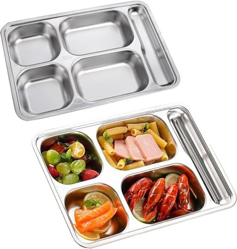 AIYoo Stainless Steel Rectangular Plate,Set of 2 Divided Dinner Plates,5 Compartment Divided Plate for Camping,Events,Family Party and Kitchen Use,Unbreakable Divided Portion Plates