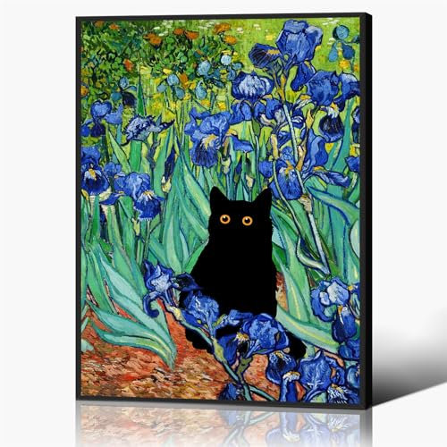GAINOW Van Gogh Irises Leinwand-Wandkunst, Berühmte Ölgemälde Gartenblume schwarze Katze Poster, bunt ästhetische Raumwanddekoration für Badezimmer 60x90cm gerahmt