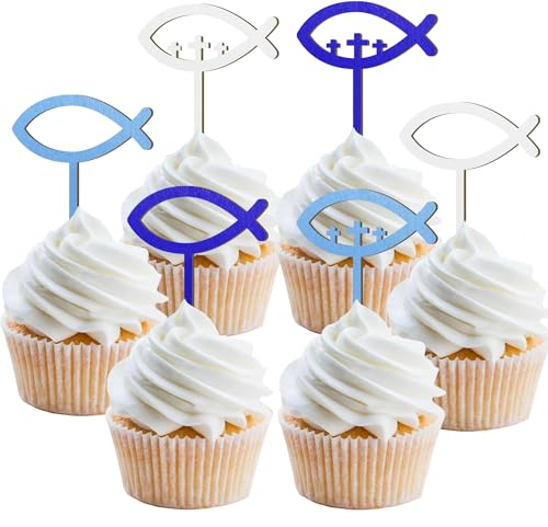 12 Stück Holz Cupcake Toppers Kommunion Junge, Tortendeko Konfirmation Junge, Holz Fische Cake Topper Kommunion Taufe Deko für Erstekommunion Deko, Taufe Party Dekoration (Fisch Blau)