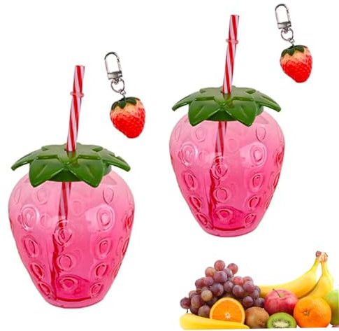 2Pcs Strawberry Cups with Lid Straw Portable Cute Drinking Cup Lovely Water Bottle Cold Beverage Mug