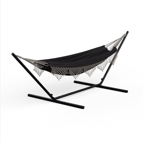 blumfeldt SwayStation Hängematte – Outdoor & Indoor Hängematte, 100 kg Belastbarkeit, Wetterbeständig Mit Rostfreien Haken, Komfortable Polyester/Baumwolle, Boho Design, Dunkelgrau