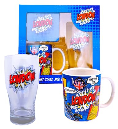 London Pop Art Beverage Set: Pint Glass, Coffee Mug & Coaster - 3 Piece Collection