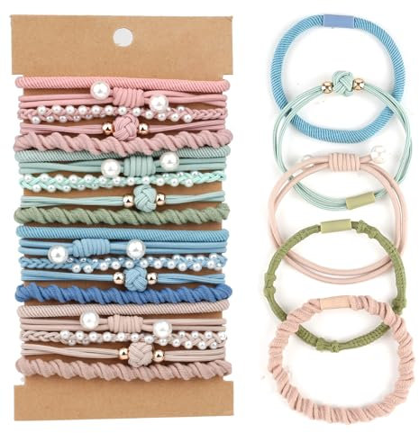 Haargummi, 20 Stück Boho Haargummis Damen, Geflochtener Zopfgummi mit Perlen, Niedliche Pferdeschwanz Inhaber für Damen Mädchen Dickes Dünnes Haar Boho Haargummi Armbänder (Perlen)