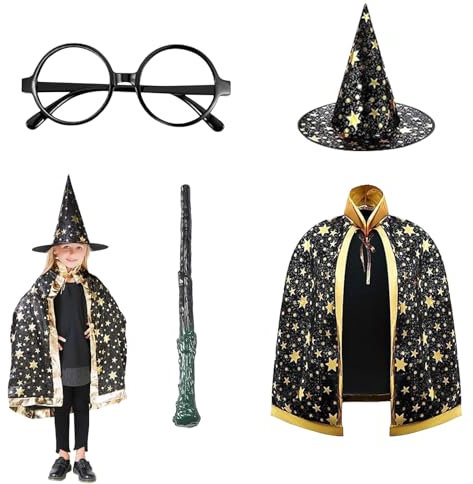 Ayizhiniu Cape du Magicien D'halloween, Costume de Sorcière D'halloween pour Enfants, Sorcier Cape avec Chapeau, Costume de Magicien, Approprié Costumes Cosplay D'Halloween (A)