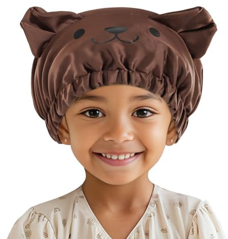 Lolalet Bonnet de Nuit Enfants en Satin, Bonnet Satin Cheveux Nuit Enfant Élastique Réglable, Style d'oreilles d'animaux Mignons pour Enfants de 5 à 12 Ans -Ours
