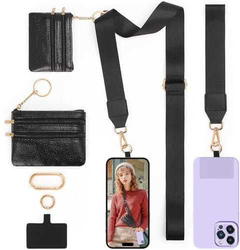 LOUXIFENG Clip and Go Gurt für Handy mit Geldbörse, Crossbody für Damen, Handy-Umhängeband für Handys, Handyhülle, Cross-Body-Saite, mit Reißverschluss, Ledertasche, verstellbare Handykette,