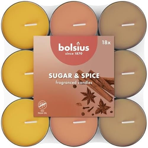 Bolsius - 18 Velas de té Aromáticas - Azúcar y Especias - Duración de quema de 3,5 horas - Diámetro 38 mm – Extractos Naturales – Contiene Cera Vegana – Sin Aceite de Palma