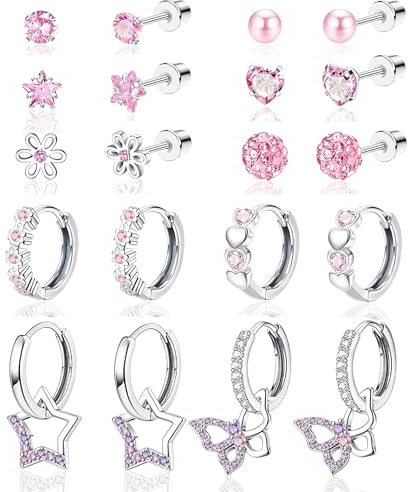 LOFITOR 10 Paia Orecchini a Vite Ipoallergenici, Acciaio Chirurgico, Piccoli Huggie, Pendenti CZ Stella Farfalla, Set Stud a Vite per Orecchie Sensibili Donne Ragazze