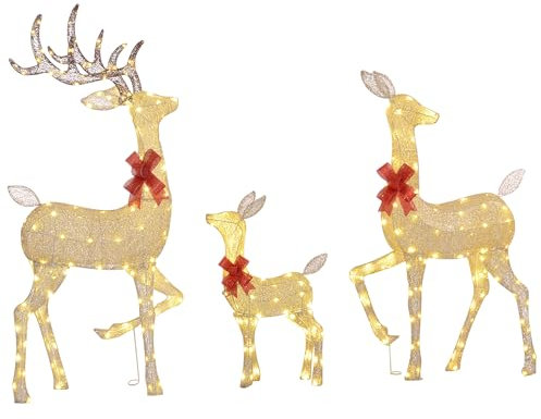 Outsunny 3 weihnachtlich beleuchtete Hirsche, in Form Einer Hirschfamilie, weihnachtlich beleuchtete Rentiere, Stahl, 283 warmweiße LEDs, für innen außen Hof Rasen