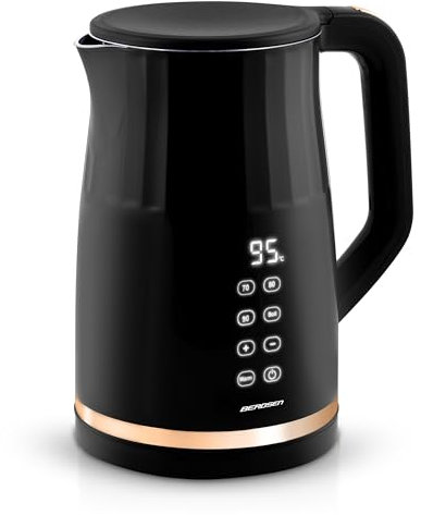 Berdsen Wasserkocher Edelstahl 1,7 L Fassungsvermögen Temperaturwahl Temperatureinstellung Warmhaltefunktion Touchpanel 2200 Watt Doppelwand Pirouettenbasis Wasser Kocher Leise Schwarz Gold