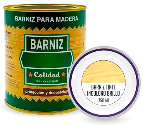 Tradineur - Bote de Barniz para Madera - Fabricado en España - Ideal para todo tipo de Maderas, vigas, cerchas, marcos, etc. - Capacidad de 750 ML - Incoloro Brillo