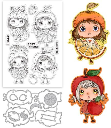 GLOBLELAND Transparente Stempel Und Metallstanzer Mit Fruchtmotiv „Liebling“ Erdbeere Apfel Dame Transparenter Stempel Orange Zitrone Frauen Stanzformen Für Die Kartengestaltung Prägung Scrapbooking