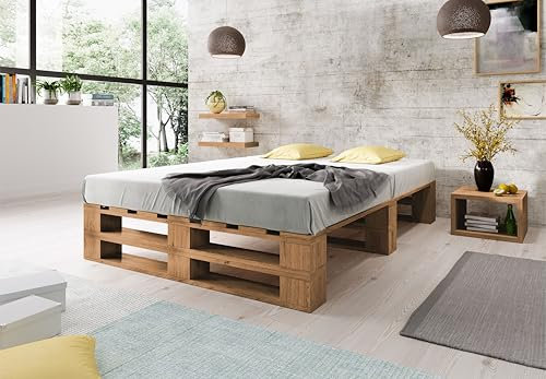 Lermowood Palettenbett M2 aus Holz 140 x 200 cm Eiche mit Lattenrost Holzbett 30cm Stabiles Seniorenbett Kinderbett Jugendbett Gästebett erhöhtes Einzelbett Bettgestell Futonbett Komforthöhe