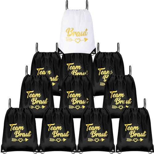 BEIMEIII 11 Stück Junggesellenabschied Frauen Team Bride Turnbeutel mit Kordelzug JGA Frauen Turnbeutel Damen Team Bride Rucksack Set Braut Tasche Team Braut für Verlobung JGA Hochzeit Schwarz Weiß