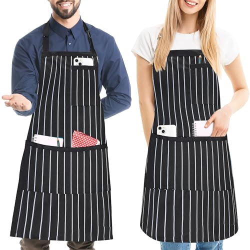 2 Stück Streifen Latzschürze, Verstellbare Schürze mit 3 Taschen, Küchenschürzen für Männer Frauen, Kochschürzen für Koch BBQ Malerei Gartenarbeit Backen Restaurant, Schwarz