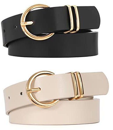 VONMELLI 2 Pezzi Cintura Donna in Pelle PU Eleganti Cinture Da Donna Per Abiti Pelle Retrò Cintura Classica Regolabile Cinturino Per Jeans Pantaloni Nero+Beige M