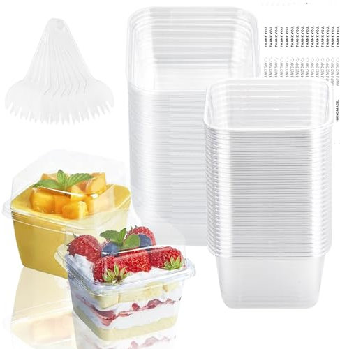 wonkeken 55Pcs Reusable Square Dessert Cups Set, 8.5oz Clear Plastic Cups with Lids & Spoons for Parfaits,Puddings, Party Favors, BPA-Free Dessert Bowls for Weddings, Birthdays, Catering