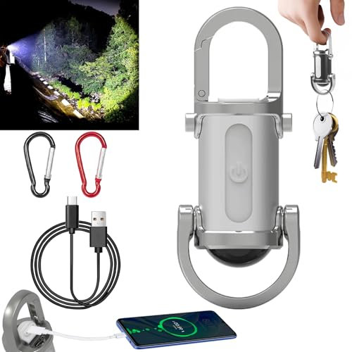 NNBWLMAEE Mini lampe de poche porte-clés étanche 1200 lm super lumineuse 2 en 1 et batterie externe, porte-clés LED rechargeable pour camping, randonnée, urgence (argenté)