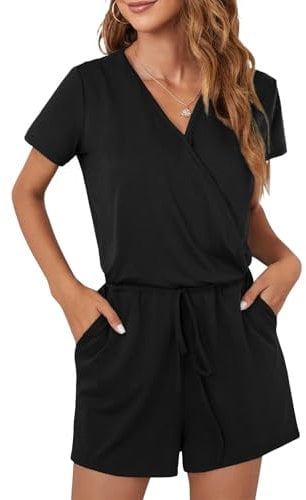CLOUSPO Women Ladies Playsuit Jumpsuits Dungarees for Women Summer V Neck Casual Short Mini Rompers Playsuit with Pockets