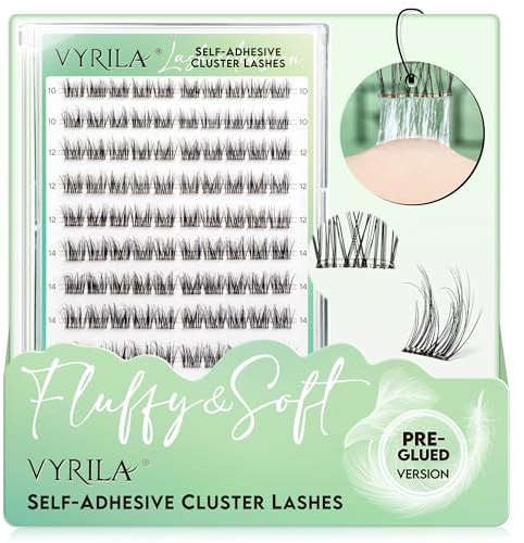 VYRILA Self-Adhesive Lash Cluster, 100pcs Pre-Glued Clusters, Pop-On Faux Eyelashes, 3D Band D Curl Natural Look Lahses, Easy to Apply, Reusable 0.05mm Eyelash Extensions (Green Charm-D-0.05-10-16mix)