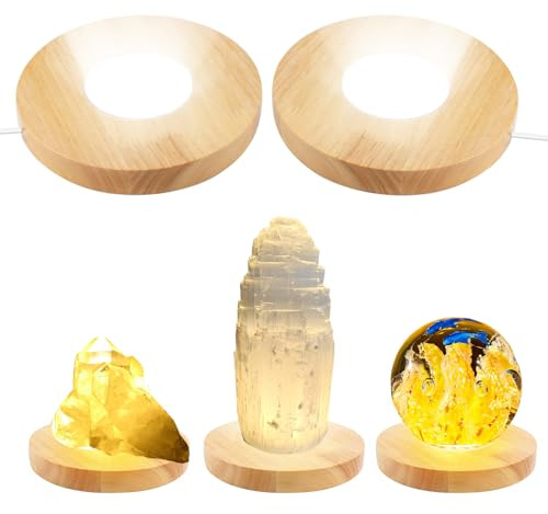 luolety - Soporte de luz LED de madera, redondo, para cristal 3D, arte en piedra aromática, con 3 modos de luz, blanco cálido, neutro, cable USB (12 cm)