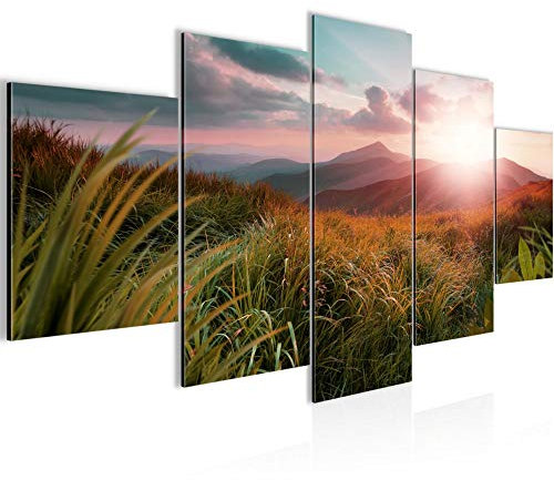 Runa Art - Tableau Lever Du Soleil Paysage 200 x 100 cm 5 Parties XXL Decoration Murale Dessin Rose Vert 607051b