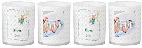 Striefchen® personalisierte Kerzen als Tischdekoration zur Taufe mit Foto und Name - 4 Stück Teddy mit Pusteblume