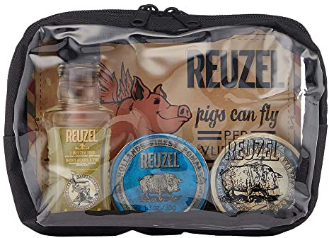 Reuzel Blue Pomade Travel Essentials - Polished Look - Kit Includes Pomade, Solid Cologne, Shampoo, Conditioner And Body Wash - Refreshing And Subtle Fragrances - For A Truly Masculine Look - 3 Pc Kit