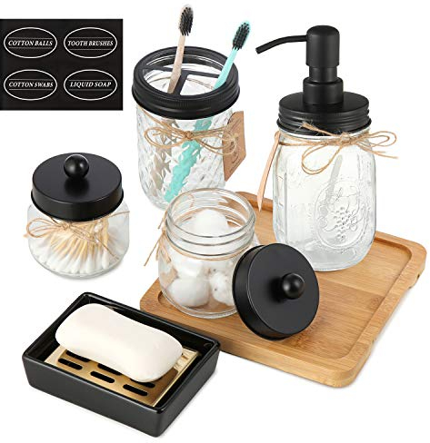 Genenic Mason Jar Badezimmer-Zubehör-Set (6-teilig) – Lotion-Seifenspender & Wattestäbchenhalter & Zahnbürstenhalter & Seifenschale & Bambuspalette – Rustikaler Bauernhaus-Dekor (schwarz)