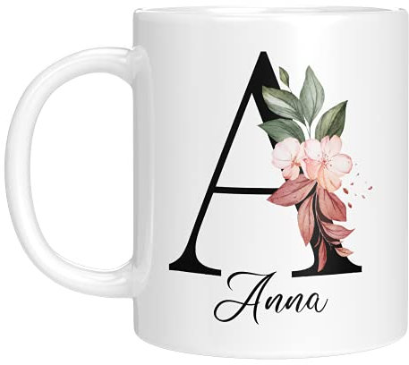 Personalisierte Tasse - Namens-Tasse mit Blumen Motiv - mit Ihrem Anfangsbuchstaben und Namen - personalisiert - Geburtstag - Kaffeetasse - beidseitig bedruckt - Geschenke für Frauen (Weiß)