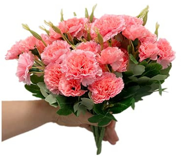 Rikyo 4-Bündel rosa Blumenstrauß aus künstlichen Seidennelken Nelkenblüten 30 cm, Blumenstrauß und grüne Blätter, für Zuhause, Party, Braut, Hochzeit, Festdekoration, mit 10 Stück pro Strauß