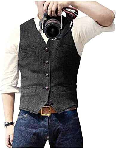 Solovedress Herren Casual Wolle Fischgrätmuster Anzug Weste V-Ausschnitt Tweed Weste für Hochzeit Groomsmen(Schwarz,L)